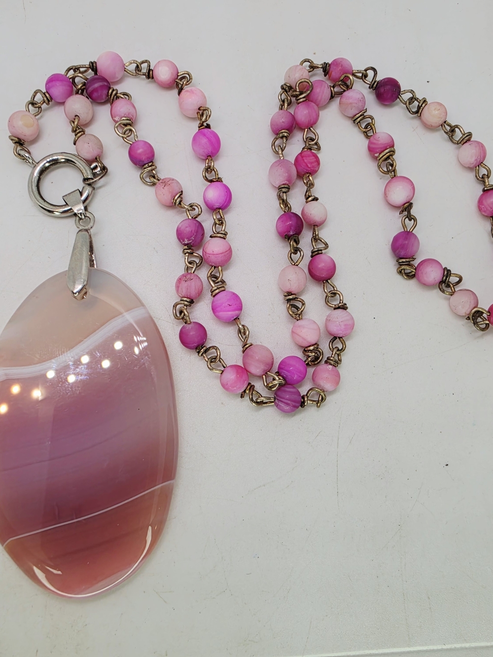 Vintage Pink Banded Agate Slab Pendant Rosary Chain Bead Necklace Fairy Boho